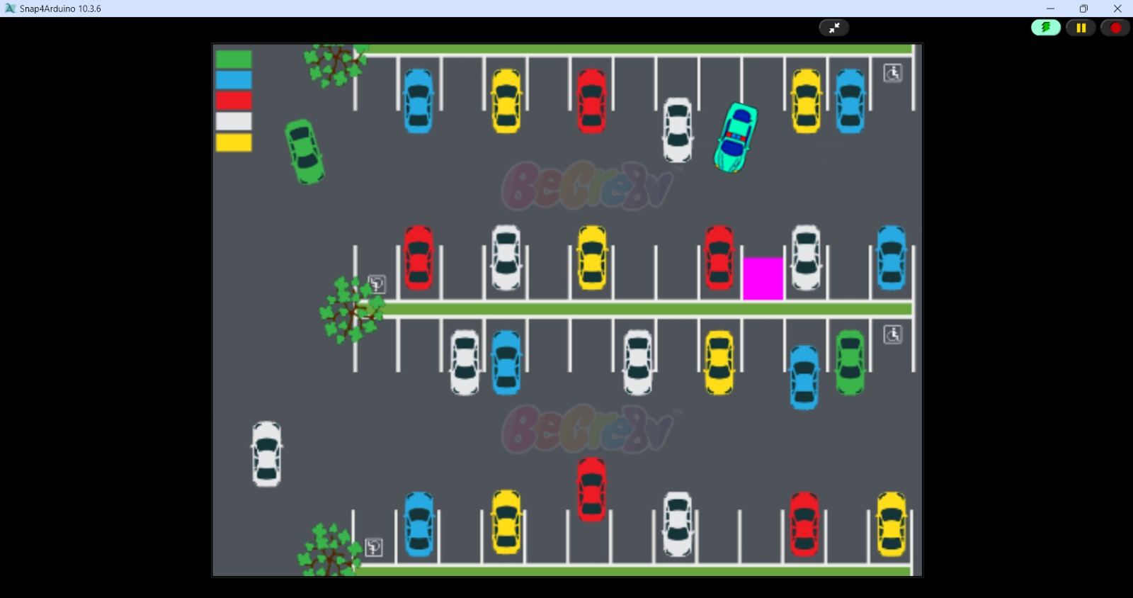 Almost there — lining up with the empty bay between the red and white cars.
