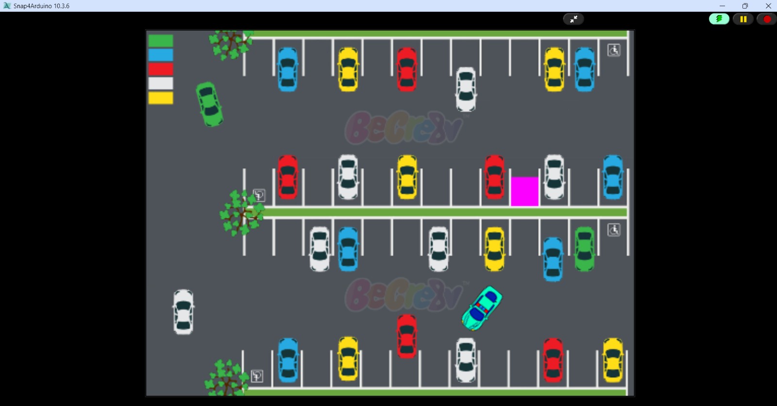 Cruising through the lot — the pink square marks my parking spot.