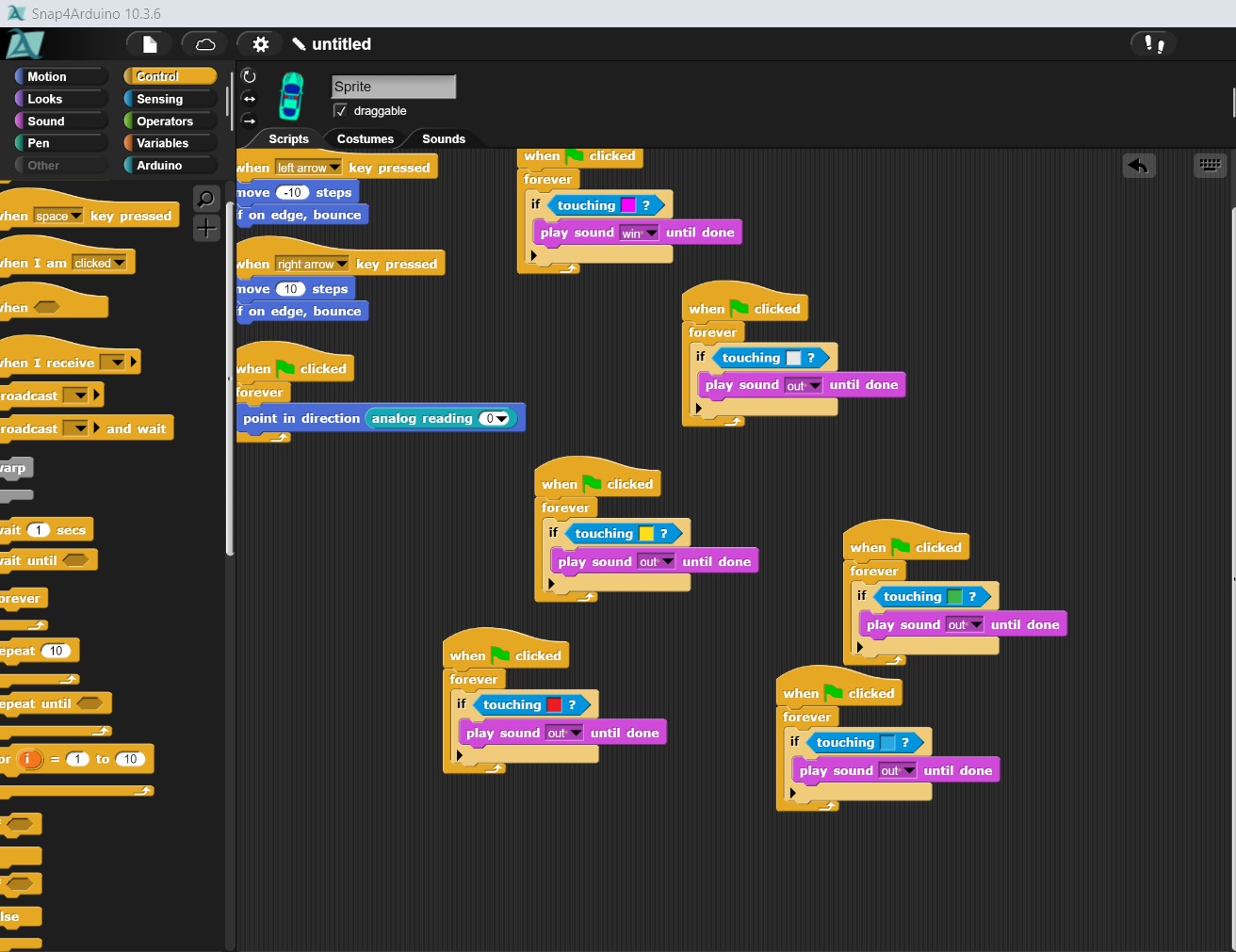 Snap4Arduino script: arrow keys move the sprite, touch-detection ends the game.