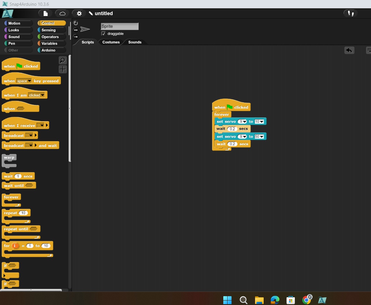 Snap4Arduino blocks: a forever loop toggling the servo between 10° and 50°.